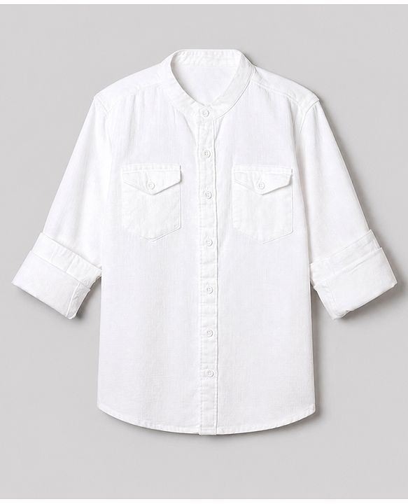 Pine Kids 100% Cotton Woven Solid Shirt With Full Sleeves - White