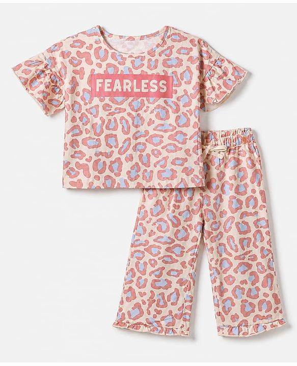 Pine Kids 100% Cotton Bio Washed Single Jersery 180 GSM Knit Half Sleeves Co-ord Top & Pajama Night Suit with Frill Detail & Fearless Text & Abstract All Over Print - Pink