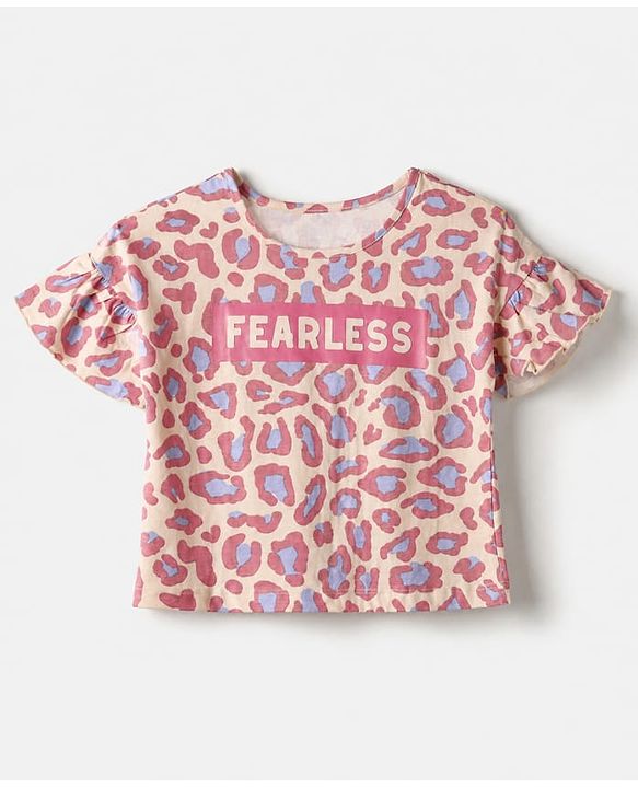 Pine Kids 100% Cotton Bio Washed Single Jersery 180 GSM Knit Half Sleeves Co-ord Top & Pajama Night Suit with Frill Detail & Fearless Text & Abstract All Over Print - Pink
