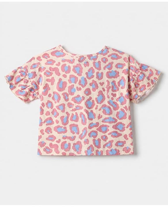 Pine Kids 100% Cotton Bio Washed Single Jersery 180 GSM Knit Half Sleeves Co-ord Top & Pajama Night Suit with Frill Detail & Fearless Text & Abstract All Over Print - Pink