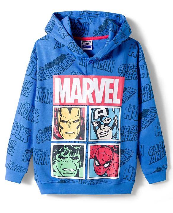 Pine Kids Marvel 100% Cotton Terry Knit Hoodie with Full Sleeves and Marvel Characters Print in Blue for 4-5 Years