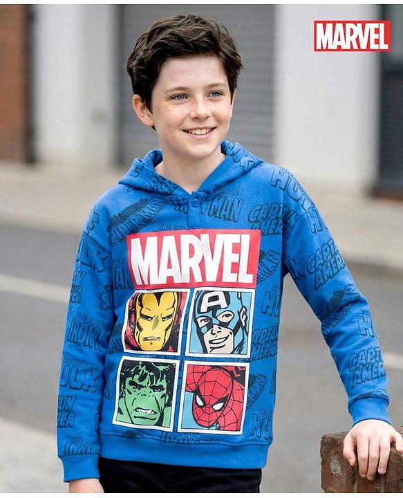 Pine Kids Marvel 100% Cotton Terry Knit Hoodie with Full Sleeves and Marvel Characters Print in Blue for 4-5 Years