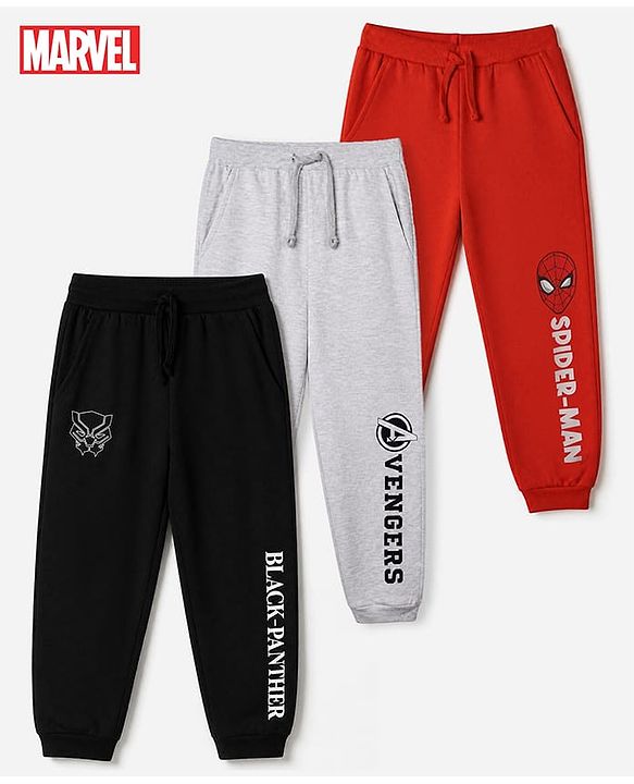 Pine Kids Marvel 100% Cotton Terry Jogger Fit Full Length Joggers in Pack of 3 - Black Grey & Red