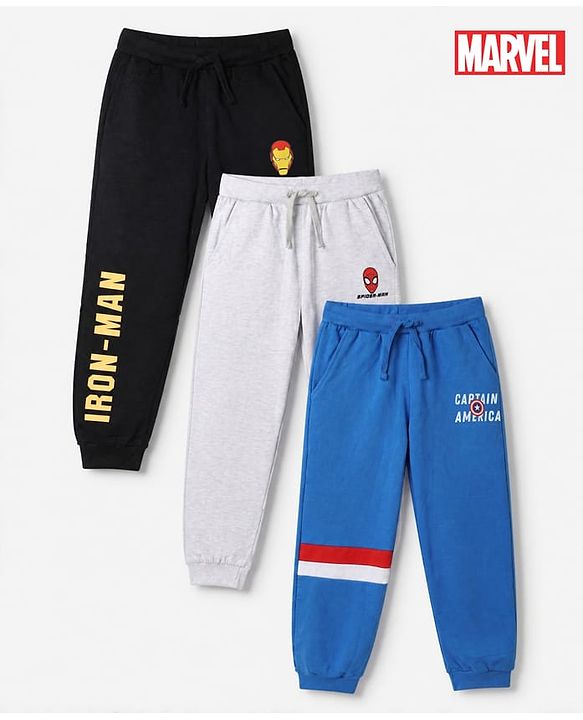 Pine Kids Marvel 100% Cotton Knit Full Length Jogger Fit Lounge Pant with Avengers Graphic Pack of 3 in Black, Grey Blue