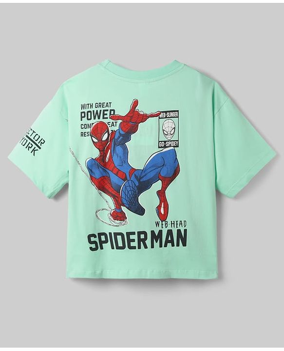 Pine Kids Marvel 100% Cotton Knit Single Jersey T-Shirt with Half Sleeves and Spider-Man Print in Mint
