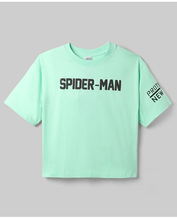 Pine Kids Marvel 100% Cotton Knit Single Jersey T-Shirt with Half Sleeves and Spider-Man Print in Mint