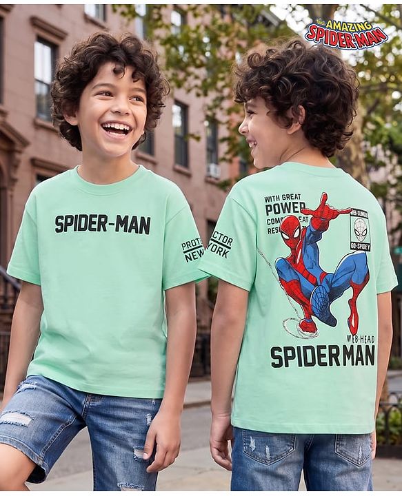 Pine Kids Marvel 100% Cotton Knit Single Jersey T-Shirt with Half Sleeves and Spider-Man Print in Mint