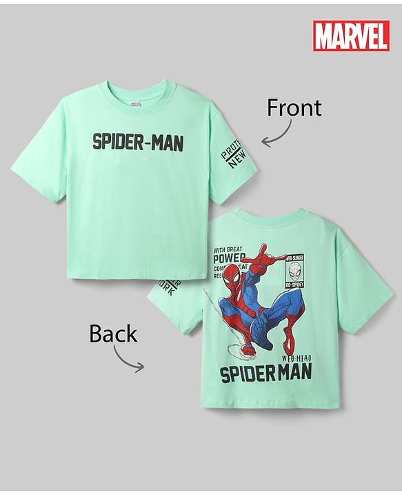 Pine Kids Marvel 100% Cotton Knit Single Jersey T-Shirt with Half Sleeves and Spider-Man Print in Mint