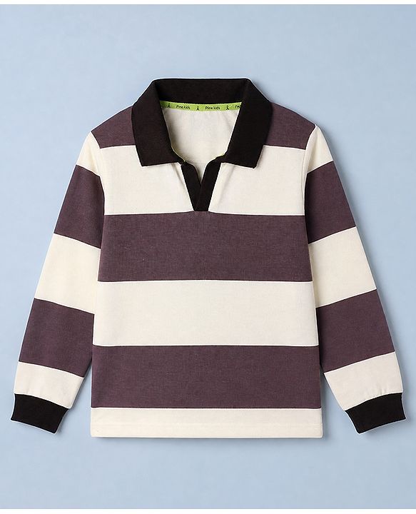 Pine Kids Cotton Knit Full Sleeves T-Shirt with Striped Print in Offwhite