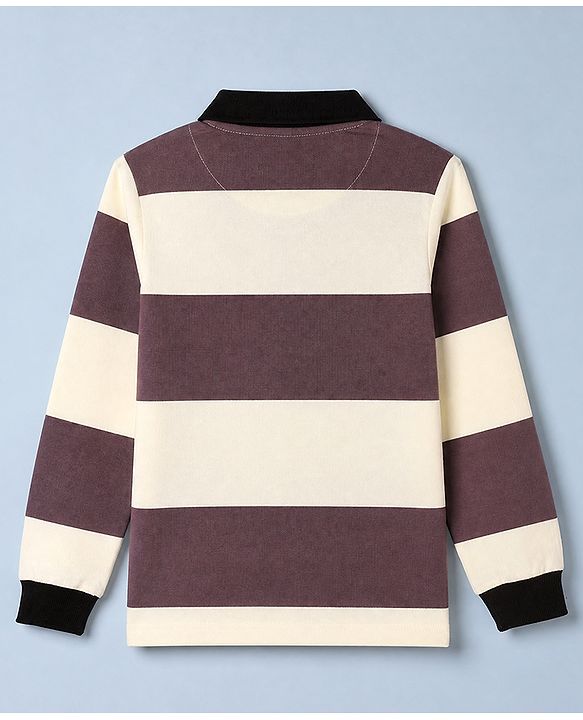 Pine Kids Cotton Knit Full Sleeves T-Shirt with Striped Print in Offwhite