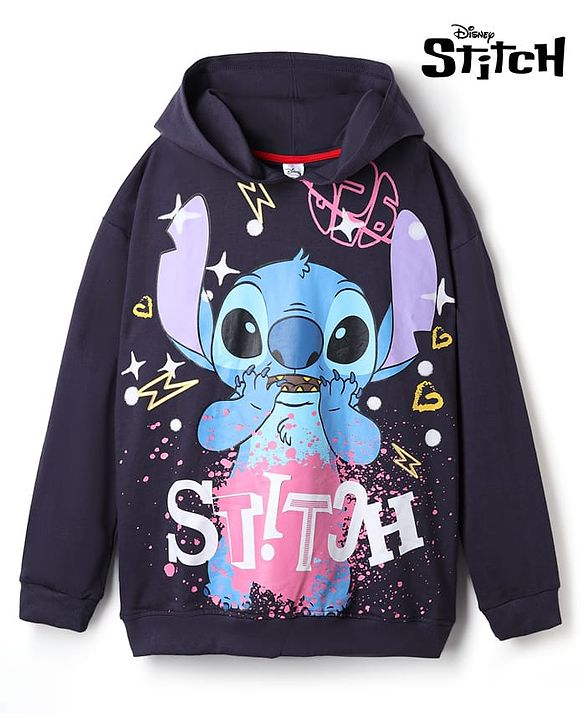 Pine Kids Disney 100% Cotton Terry Knit Sweatshirt with Full Sleeves and Stitch Print in Black