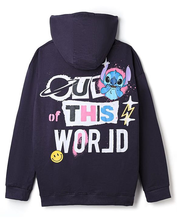Pine Kids Disney 100% Cotton Terry Knit Sweatshirt with Full Sleeves and Stitch Print in Black