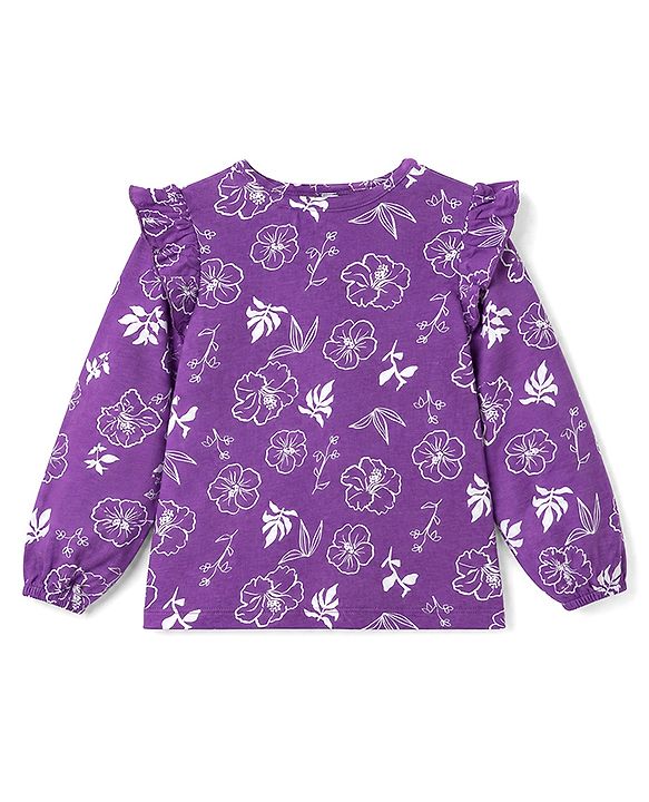Pine Kids 100% Cotton Knit Top With Full Sleeves And Floral Print - Purple