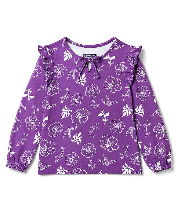 Pine Kids 100% Cotton Knit Top With Full Sleeves And Floral Print - Purple