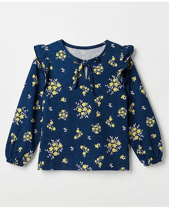 Pine Kids 100% Cotton Knit Top With Full Sleeves And Floral Print - Navy Blue