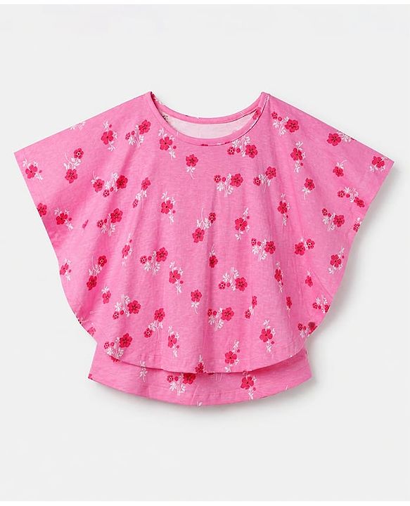 Pine Kids 100% Cotton Knit Top with Half Sleeves and Floral Print in Pink