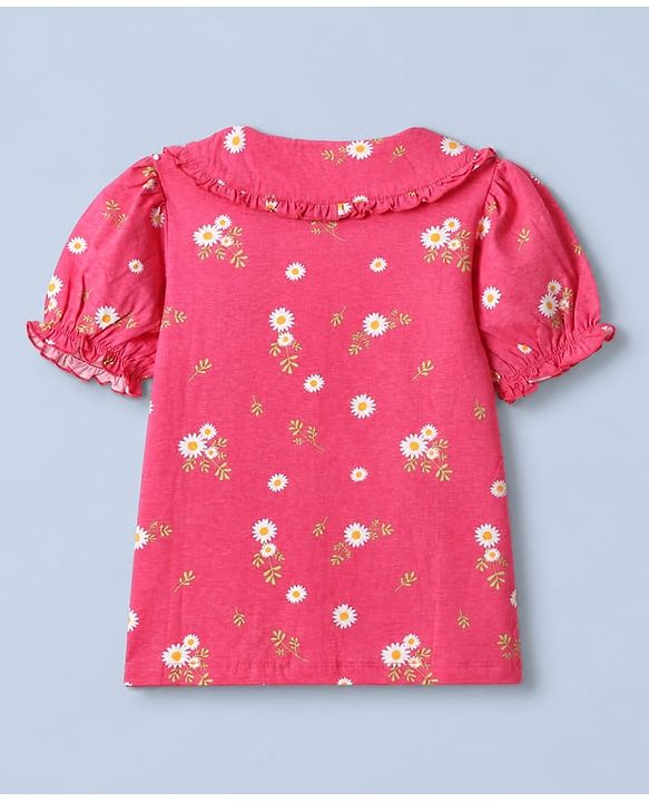 Pine Kids 100% Cotton Knit Top with Half, Puffed Sleeve and Floral Print in Pink
