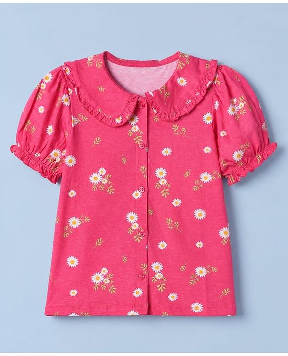 Pine Kids 100% Cotton Knit Top with Half, Puffed Sleeve and Floral Print in Pink