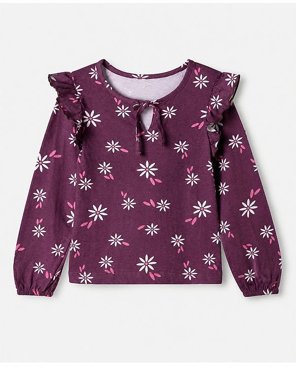 Pine Kids 100% Cotton Knit Top with Full Sleeves and Floral Print in Plum for 4-5 Years