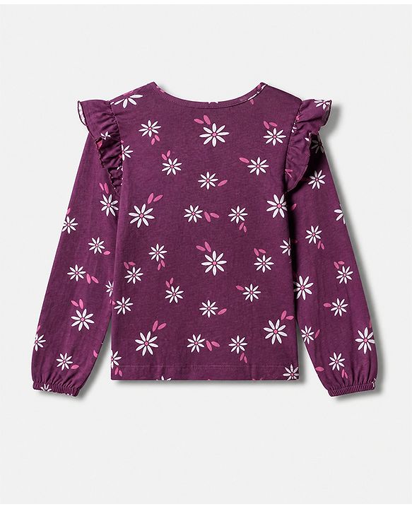 Pine Kids 100% Cotton Knit Top with Full Sleeves and Floral Print in Plum for 4-5 Years