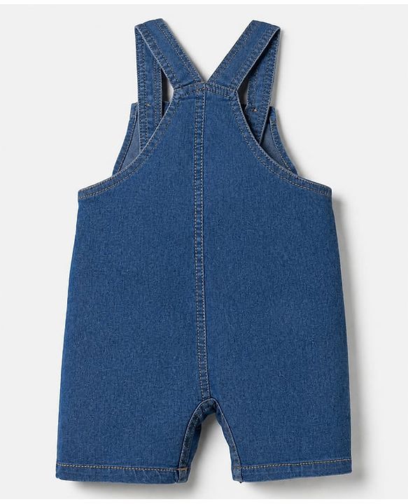 Babyhug Single Jersey Knit Half Sleeves Striped Tee With Bear Face & Text Embroidered Denim Dungaree - Navy & Yellow