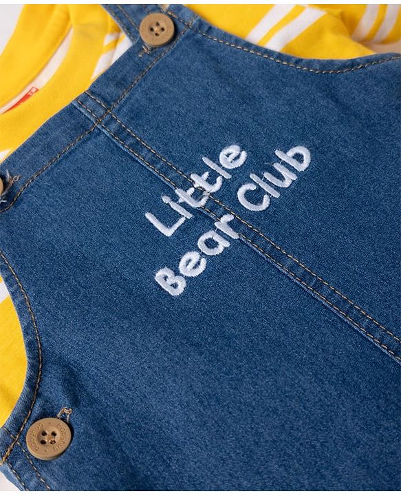 Babyhug Single Jersey Knit Half Sleeves Striped Tee With Bear Face & Text Embroidered Denim Dungaree - Navy & Yellow