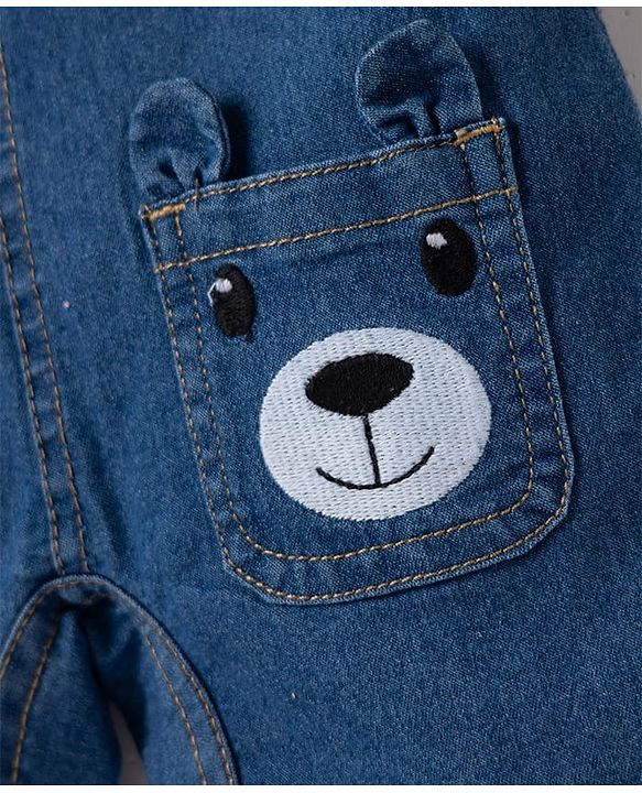 Babyhug Single Jersey Knit Half Sleeves Striped Tee With Bear Face & Text Embroidered Denim Dungaree - Navy & Yellow