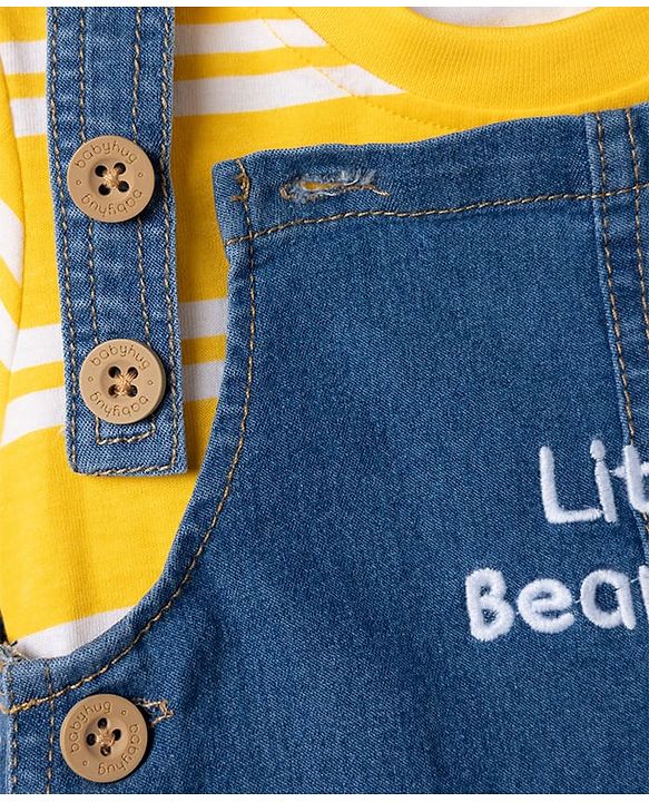 Babyhug Single Jersey Knit Half Sleeves Striped Tee With Bear Face & Text Embroidered Denim Dungaree - Navy & Yellow