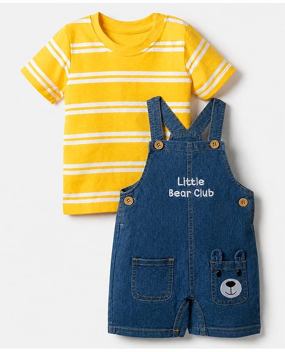 Babyhug Single Jersey Knit Half Sleeves Striped Tee With Bear Face & Text Embroidered Denim Dungaree - Navy & Yellow