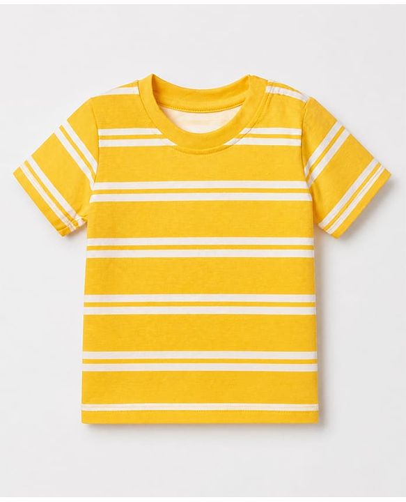 Babyhug Single Jersey Knit Half Sleeves Striped Tee With Bear Face & Text Embroidered Denim Dungaree - Navy & Yellow