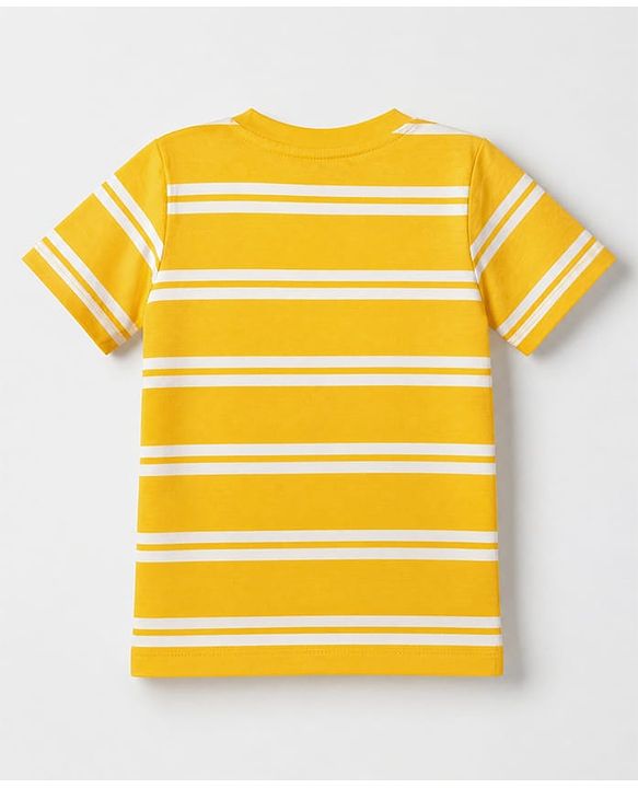 Babyhug Single Jersey Knit Half Sleeves Striped Tee With Bear Face & Text Embroidered Denim Dungaree - Navy & Yellow
