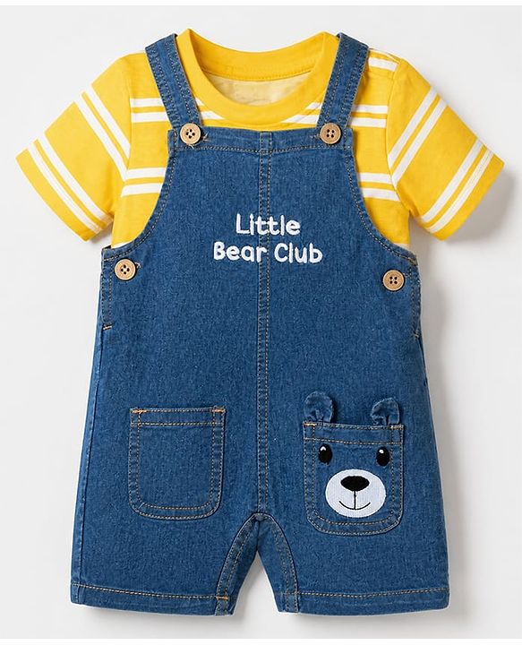 Babyhug Single Jersey Knit Half Sleeves Striped Tee With Bear Face & Text Embroidered Denim Dungaree - Navy & Yellow