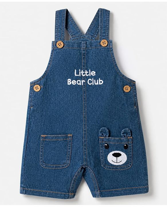 Babyhug Single Jersey Knit Half Sleeves Striped Tee With Bear Face & Text Embroidered Denim Dungaree - Navy & Yellow
