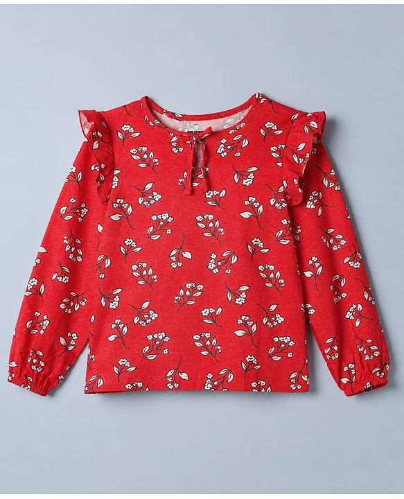 Pine Kids 100% Cotton Knit Top with Full Sleeves and Floral Print in Red for 4-5 Years
