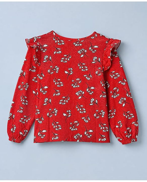 Pine Kids 100% Cotton Knit Top with Full Sleeves and Floral Print in Red for 4-5 Years