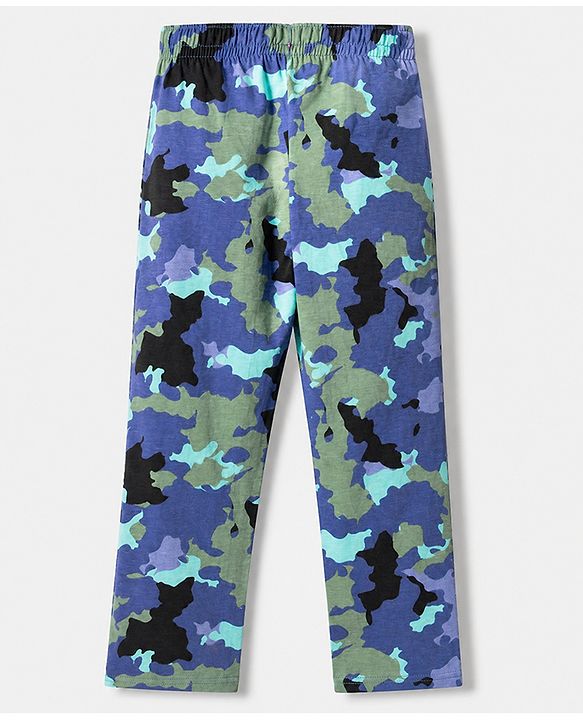 Pine Kids 100% Cotton Bio Washed Single Jersey 180 GSM Knit Half Sleeves T-Shirt & Pyjama Night Suit with Camouflage Print - Blue