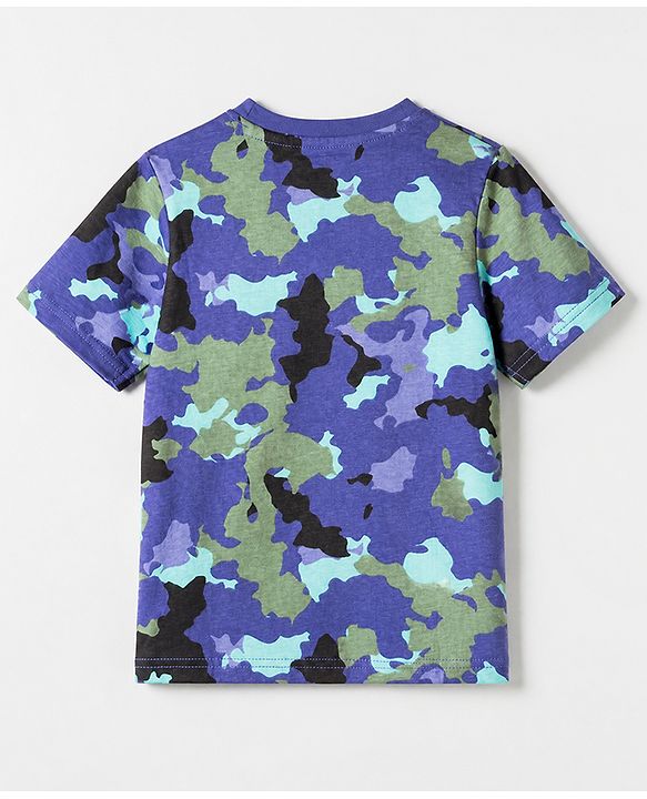 Pine Kids 100% Cotton Bio Washed Single Jersey 180 GSM Knit Half Sleeves T-Shirt & Pyjama Night Suit with Camouflage Print - Blue