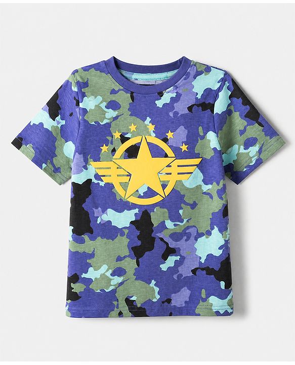 Pine Kids 100% Cotton Bio Washed Single Jersey 180 GSM Knit Half Sleeves T-Shirt & Pyjama Night Suit with Camouflage Print - Blue