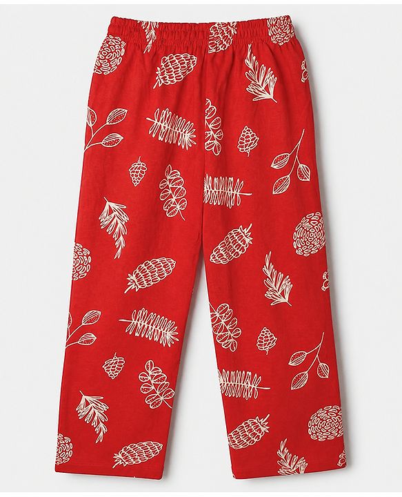 Pine Kids 100% Cotton Bio Washed Single Jersey 180 GSM Knit Full Sleeves Co-Ords Top & Pyjama Night Suit with Tropical Print - Red
