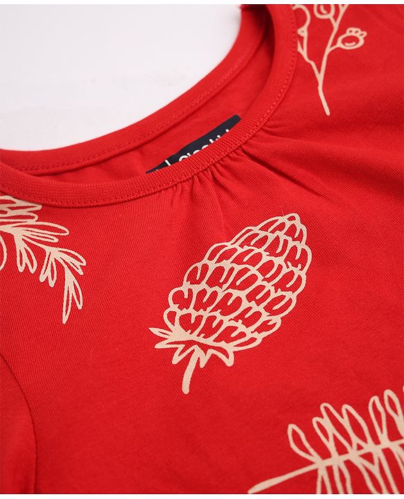 Pine Kids 100% Cotton Bio Washed Single Jersey 180 GSM Knit Full Sleeves Co-Ords Top & Pyjama Night Suit with Tropical Print - Red