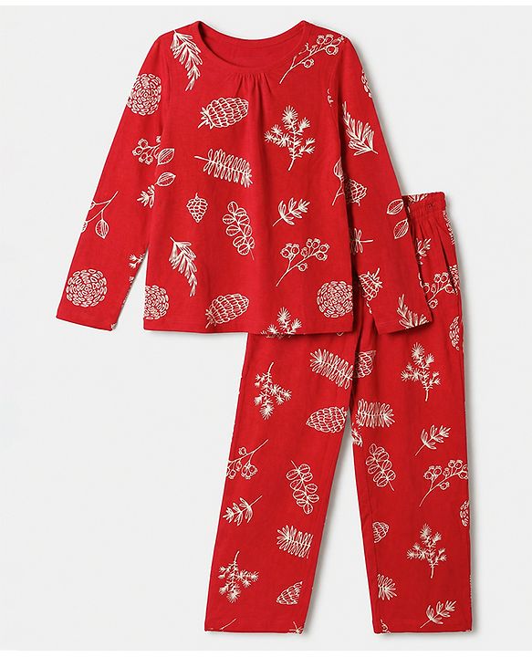 Pine Kids 100% Cotton Bio Washed Single Jersey 180 GSM Knit Full Sleeves Co-Ords Top & Pyjama Night Suit with Tropical Print - Red