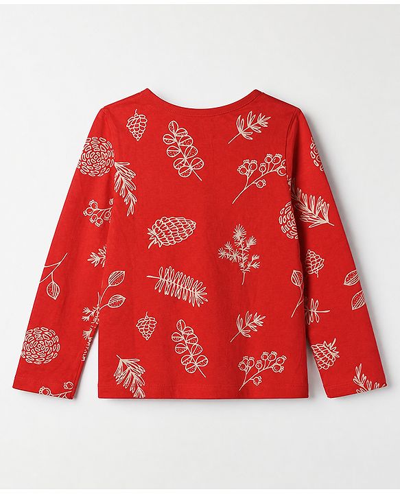 Pine Kids 100% Cotton Bio Washed Single Jersey 180 GSM Knit Full Sleeves Co-Ords Top & Pyjama Night Suit with Tropical Print - Red
