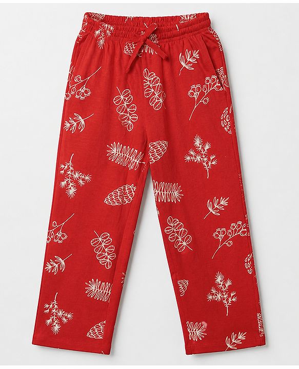 Pine Kids 100% Cotton Bio Washed Single Jersey 180 GSM Knit Full Sleeves Co-Ords Top & Pyjama Night Suit with Tropical Print - Red