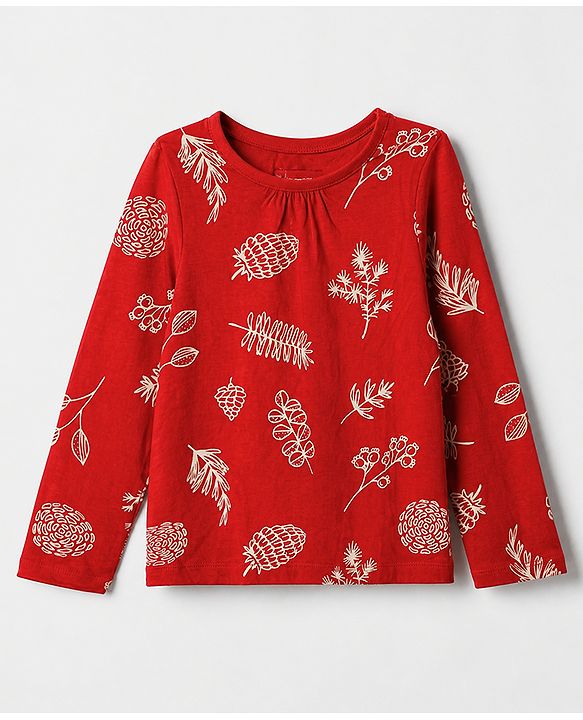 Pine Kids 100% Cotton Bio Washed Single Jersey 180 GSM Knit Full Sleeves Co-Ords Top & Pyjama Night Suit with Tropical Print - Red