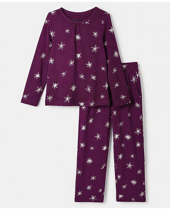 Pine Kids 100% Cotton Knit Co-ord T-Shirt & Pyjama Night Suit with Star Print in Wine