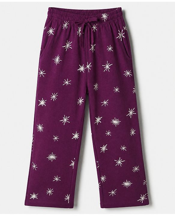 Pine Kids 100% Cotton Knit Co-ord T-Shirt & Pyjama Night Suit with Star Print in Wine