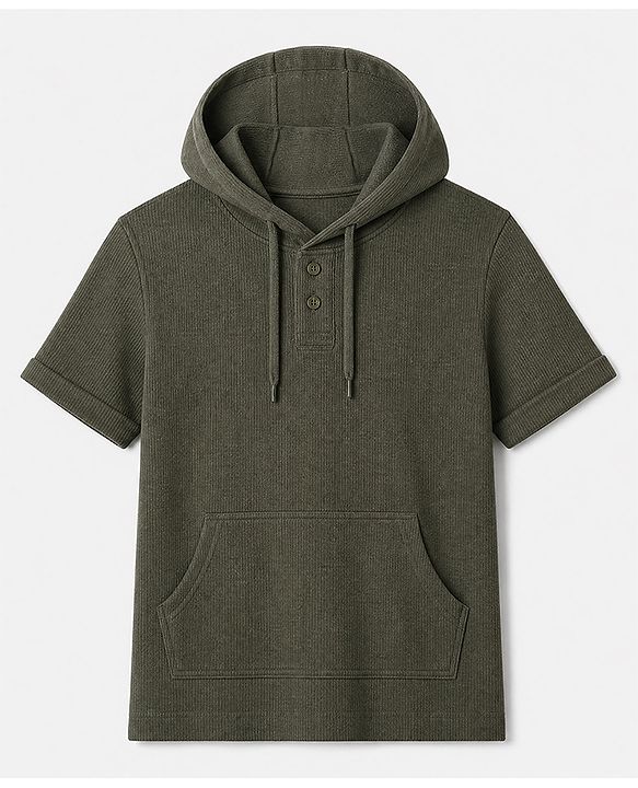 Pine Kids Cotton Knit Hoodie T-Shirt with Half Sleeves in Olive Green