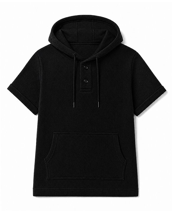 Pine Kids Cotton Blend Knit Hooded Solid T-Shirt with Half Sleeves - Black