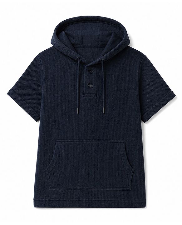 Pine Kids Cotton Waffle Knit Hooded T-Shirts with Half Sleeves in Navy Blue for 4-5 Years