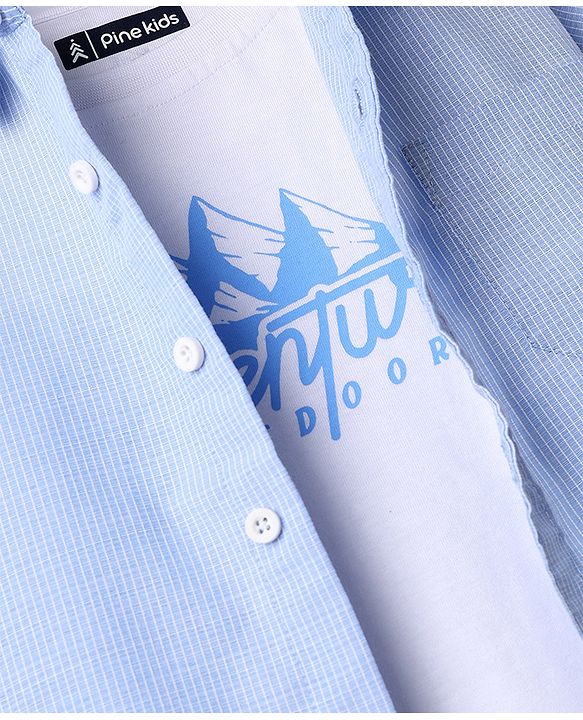 Pine Kids 100% Cotton Woven Shirt and Tank Top with Half Sleeves and Mountains Print in Light/Sky Blue for 4-5 Years